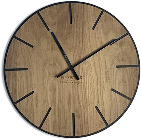 FLEXISTYLE Reloj de Pared Grande de 60 cm de Madera de Roble Negro Natural para Oficina Sala de Estar Dormitorio silencioso sin tictac