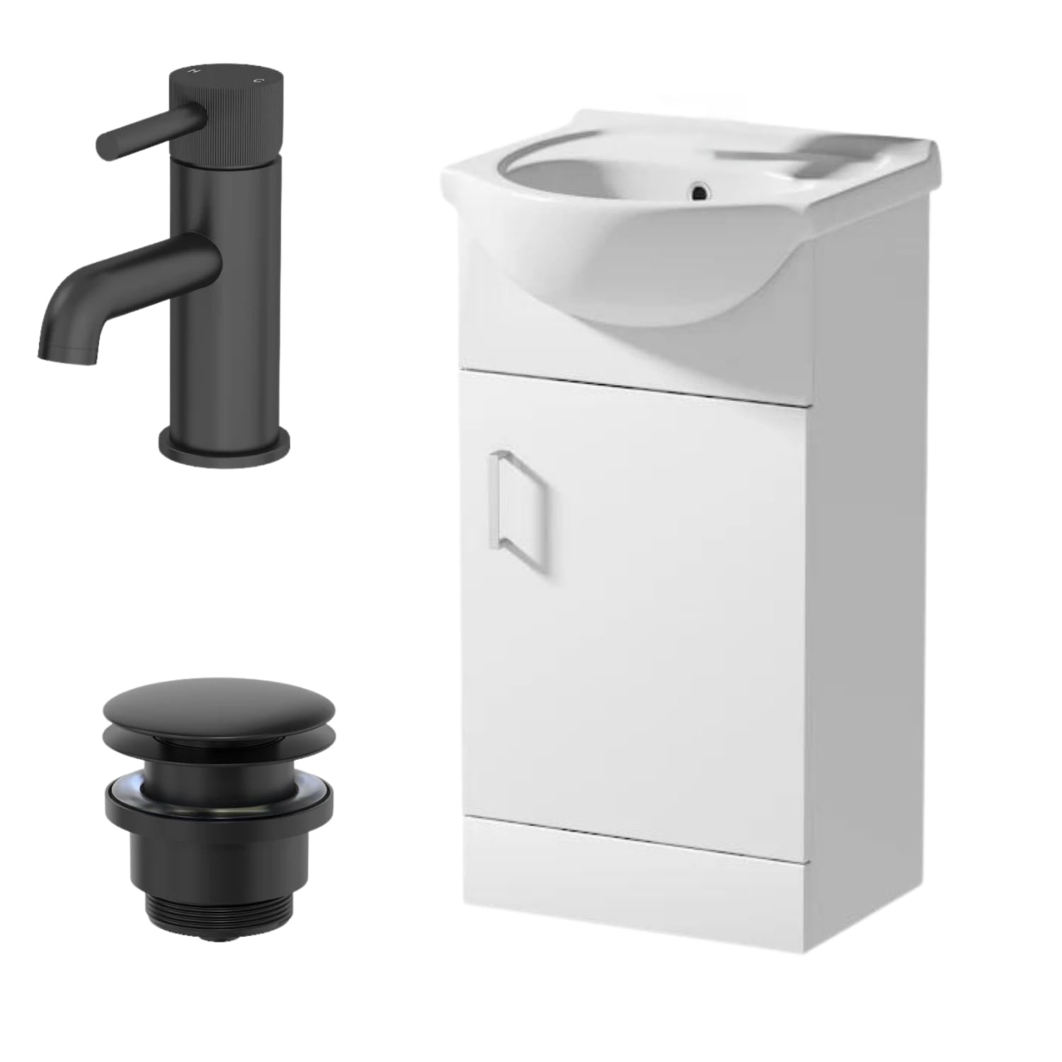 Affine® 450mm Bathroom Vanity Unit Ceramic Sink Floorstanding Storage Cabinet Cupboard & Black Fluted Basin Tap & Waste Set, White Gloss