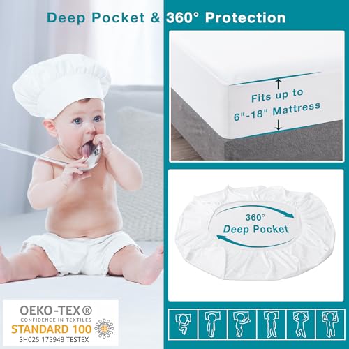 Lunsing 2 Pack Waterproof Queen Mattress Protector, Noiseless, Breathable, and Soft Queen Size Mattress Pad Cover with 6-18 inches Deep Pocket, White