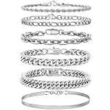 HTTDSLF 6Pcs Pulsera Hombre de Plata, Hombres Pulsera de Cadena de Eslabones, Brazalete Cubana Cadena, Bracelet, Joyería Regalos para Papá Esposo Hijo Chico Novio, Regalo para Día del Padre, 22cm