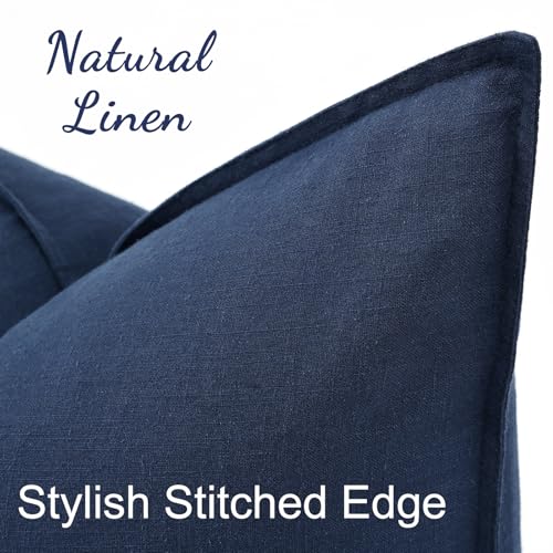 Image of decorUhome Decorative Linen Throw Pillow Covers 18x18 Inch Set of 2 Navy Blue Coastal Pillow Covers with Flange Edges Soft Farmhouse Boho Accent Pillow Cases for Couch Bed