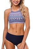 CharmLeaks Womens High Neck Bikini Sets Two Piece Padded Swimsuit Swimwear, M(UK10), Navy Geometric