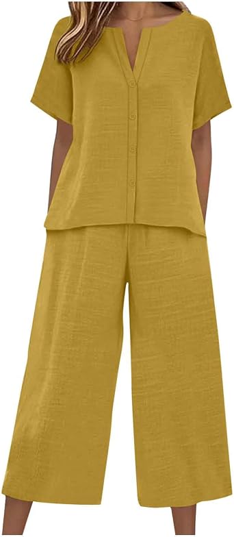 Capri Linen Set for Women 2 Piece Short Sleeve V Neck Button Down Shirts Summer Flowy Beach Wide Leg Pants Sets