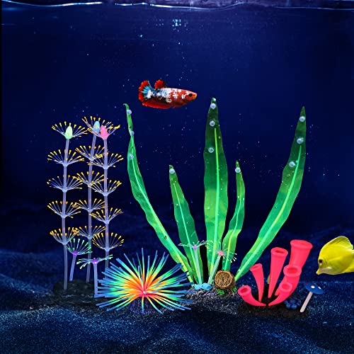 Image of Lpraer 4 Pack Glow Aquarium Decorations Horn Coral Branch Coral Kelp Sea Urchin Simulation Glow Plant Glowing Effect Silicone for Fish Tank Decoration