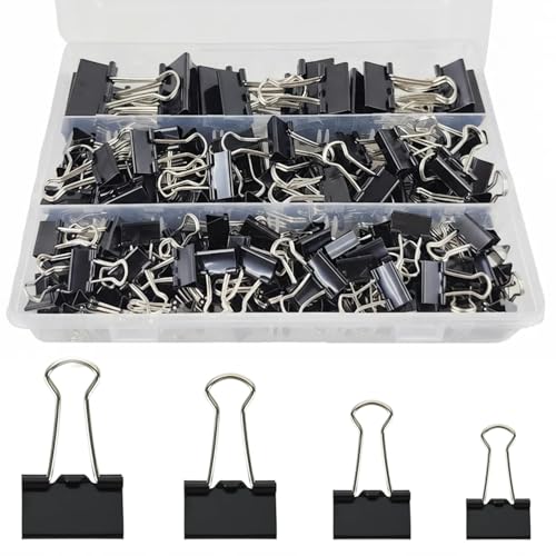 170Pcs Binder Clips Assorted Sizes Bulldog Clips 32mm 25mm 19mm 15mm Metal Foldback Clips Paper Clips Clamps for Office Supplies Home Kitchen Shops School Document Organizing (Black)