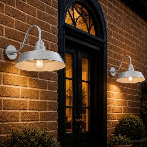 Image of 14in. Galvanized Finish Outdoor Gooseneck Barn Light Fixture With 14.5 in. Long Extension Arm - Wall Sconce Farmhouse, Antique Style - UL Listed - 9W 900lm A19 LED Bulb (5000K Cool White) - 2-Pack