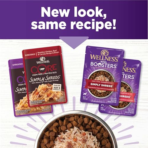 Wellness Bowl Boosters Simply Shreds Variety Pack Wet Dog Food Topper for Small, Medium, and Large Breeds, Grain Free, Natural, Chicken Recipes, 2.8 oz, Pack of 12 Pouches - image 2
