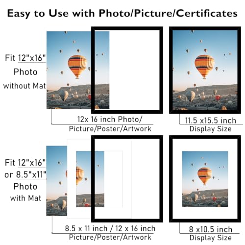Image of JCJMY 12x16 Picture Frame Set of 4 with 8.5x11 Mat, Black 12 x 16 Poster Frames with Shatter Resistant Plexiglass, Display 8.5 x 11 with Mat or 12 by 16 Without Mat, Sturdy Wall Hanging Frame, 4 Pack