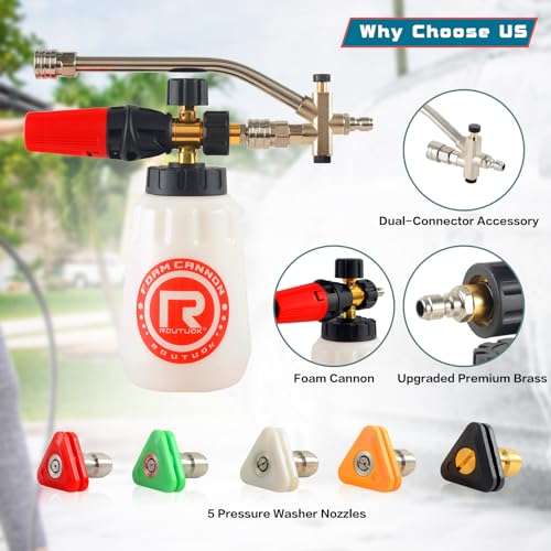 Rdutuok Pressure Washer Foam Cannon with Dual-Connector Double Tip Attachment Dual Lance Pressure Washer Wand for Soap Cannon 5 Power Washer Sprayer Nozzle Tips M22 and 1/4\" Quick Connect 3600PSI