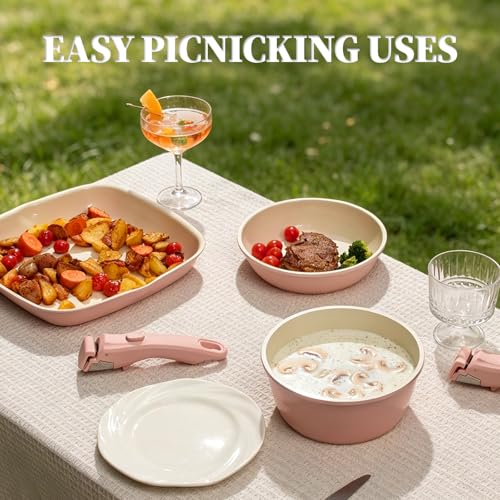 Image of Ceramic Cookware Set Non Stick 23Pcs Pots and Pans Set Non Toxic with Detachable Handle Induction Kitchen Cookware Set Space Saving, Oven & Dishwasher Safe, Pink