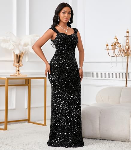 Image of dasmzper Women's Sequin Evening Gown - Elegant Sleeveless V Neck Mermaid Formal Maxi Dress for Wedding, Prom or Party