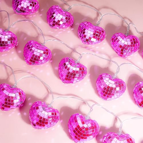 Image of 24 Valentine's Day Disco Ball String Lights LED Love-Heart Mirror Disco Ball Ornaments Bachelorette Party Supplies Mini Disco Ball Tree Ornament Disco Ball with String (Pink)