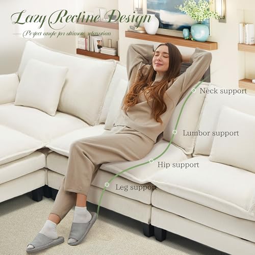 Image of Modular Sectional Sofa, Comfy Cloud Couch with Movable Ottoman, Deep Seat Couches for Living Room, Bedroom and Apartment, 106 inch U Shaped Modern Sofa with Pillows, Beige