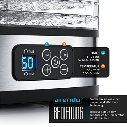 Arendo - Dörrautomat mini mit Temperaturregler - 240 Watt – Dehydrator – 5 Etagen – Timer 1 bis 72 h – 5 Einlegefächer – je Fach zwei Höhen – Food Fleisch Kräuter Obst – Bild 6