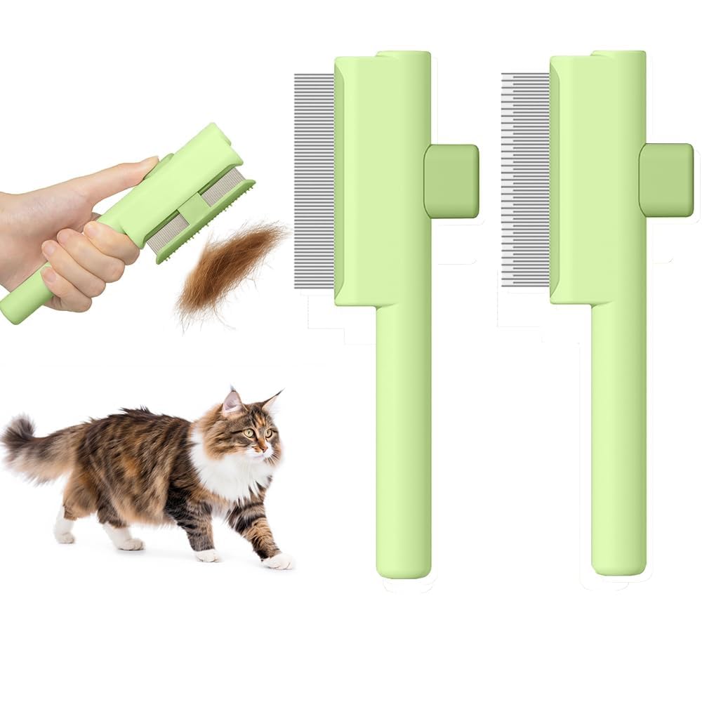 Marchul 2Pcs Cat Comb Flea Comb Set, Self-Cleaning Flea Comb for Cats and Dogs, Cat Grooming Brush with Release Button and Stainless Steel Metal Round Teeth for Removing Matted & Loose Fur, Green