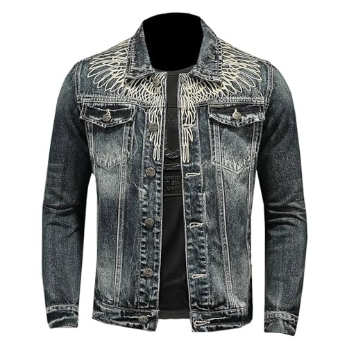 Celanisai Chaqueta vaquera para hombre, chaqueta vintage de motorista, con cremallera, cuello alto, chaqueta bomber, corte ajustado, abrigo vaquero, chaqueta de moto, chaqueta de camionero, chaqueta