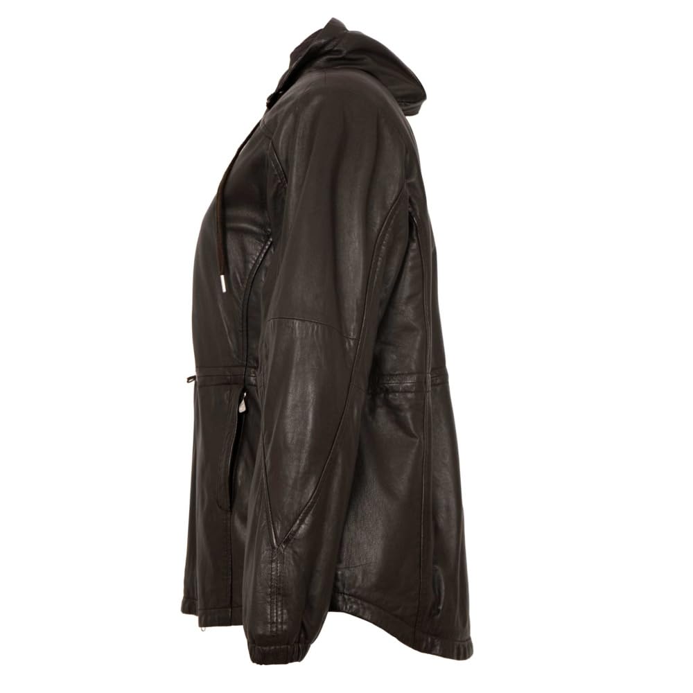 Damen Echtleder Lederjacke Lammnappa Kapuze Oversize dunkelbraun