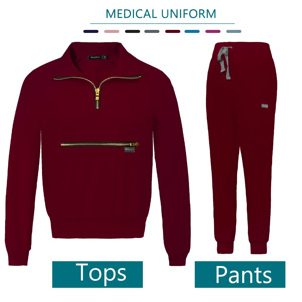 VIAOLIscrubs for Women Set Modern V-Neck Overalls Lapel with Zipper Long Sleeve & Jogger Pants Nurse Medical Uniform (Burgundy,S,Small)
