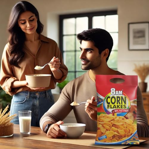 Image of 8AM Corn Flakes 500g, 92% Corn, 99% Fat Free, No Cholesterol, Trans Fat, Artificial Additives, Vitamins B1, B2, B3, B6, B9, Iron, Calcium, Crunchy & Nutritious Cereal