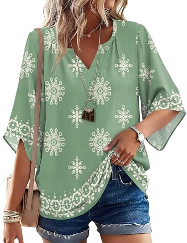 LOMON Boho Top for Woman | Comfortable Peasant Print Blouse | 3/4 Sleeve & Loose Fit Bohemian Tops Green XL