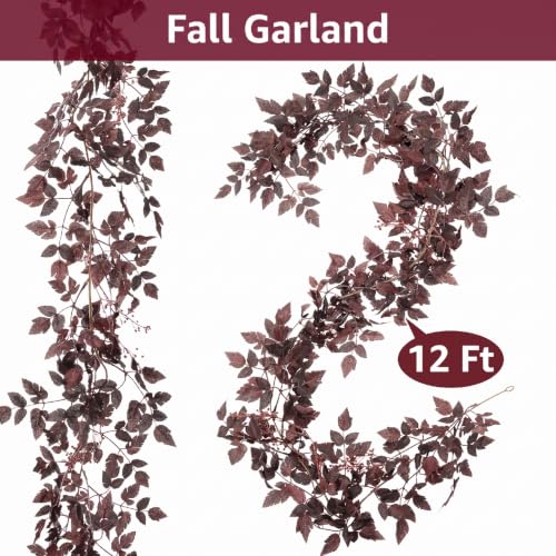 Image of Neutral Fall Garland for Mantle Fireplace - 12 Ft Plum Cimicifuga Seeded Leaf Garlands Purple Autumn Decor Table Decorations for Home Indoor Door Halloween Realistic Leaves Garlands Outdoor