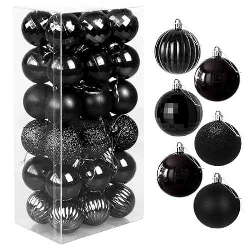 Favuit Palline di Natale, 36 Pezzi Palle per Albero di Natale 4 cm Infrangibili Addobbi Natalizi con Ganci Decorazioni per Feste di Matrimoni (Nero)