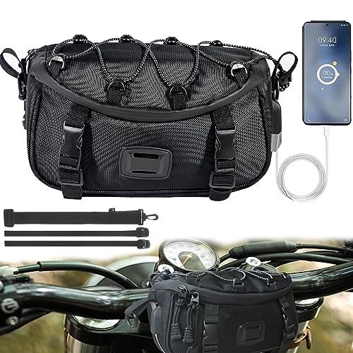 Bolsa Universal para Motocicleta Negra, Bolso de Manillar con Puerto de Carga USB Resistente al Agua 1680D para Motocicleta, Cuatrimoto y Motos de Nieve