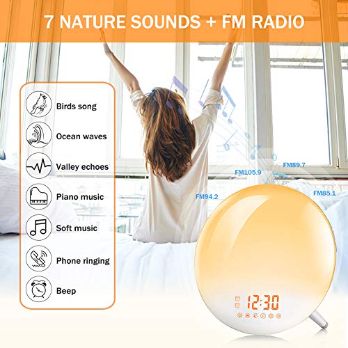 Te-Rich Sunrise Alarm Clock, Wake Up Light with FM Radio/Dual Alarm/7 Nature Sounds & Light Colors/Snooze/20 Brightness, Sleep Aid Lamp Dawn Simulator for Heavy Sleepers/Kids/Teen Girls Boys Bedrooms
