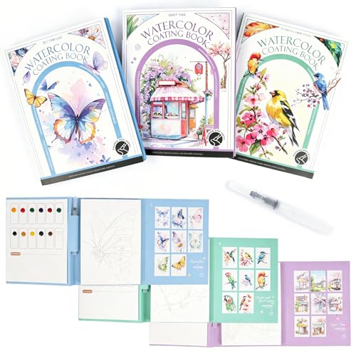 3-Pack Watercolor Painting Books for Adults & Beginners, All-in-One Watercolor Kit with 3-Fold Pads, Pre-Printed Pages, Paint Set & Brushes, Stress Relief Art Supplies(Serene Scenery+Butterfly+Bird)