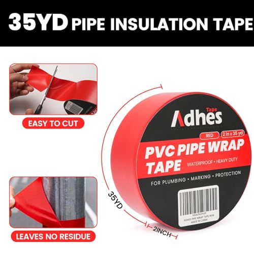 Image of ADHES PVC Pipe Wrap Tape, 2 Inch X 35 Yds, Corrosion Protection Pipe Tape, Weatherproof PVC Tape for Drain Pipe, Metal & Electrical Piping, Underground Pipe, Red