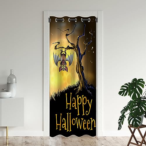 ONINUO Halloween Door Curtains for Doorways, Moon Horror Bat Scary Haunted Blackout Curtain for Kids Bedroom Closet, Grommet Thermal Insulated Privacy Door Drapes for Room Divider, 34