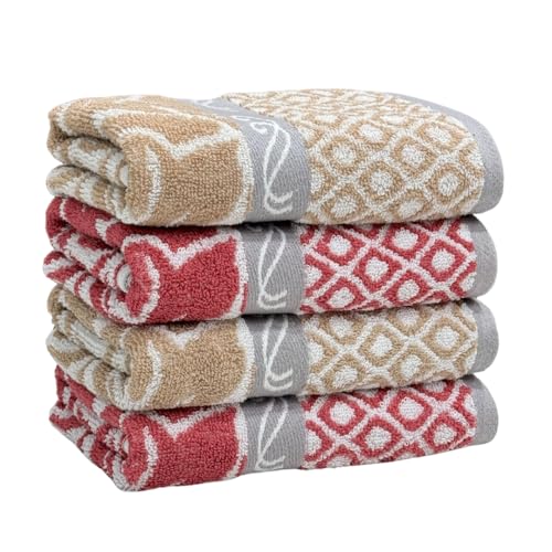 STAMIO Cotton 490 GSM Hand Towels Set of 4, 40 X 60 cm for Men, Women, Home & Kitchen Use, Gym, Wash Basin, Sports, Travel | Soft, Absorbent, Quick Dry, Full Size Large | Jacquard Towel, Brown & Rust