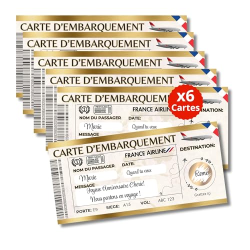 Générique 6 Cartes à gratter pour Voyage Surprise -billet d'avion - Carte embarquement à personnaliser à offrir - Billet avion annonce - Cadeau...