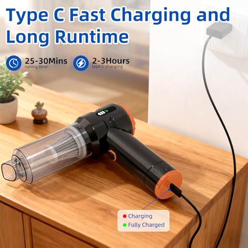 Image of Sycoodeal Handheld Car Vacuum Cleaner, 25000PA Strong Cyclonic Suction Portable Mini Vacuum Cordless with Digital Display Lightweight Handheld for Pet Hair, Car, Home, Office, Kitchen (Orange)
