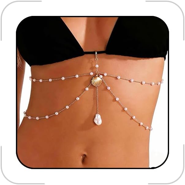 Gold Shell Pendant Layered Body Chain for Women Boho Faux Pearl Beaded Bikini Waist Chain Summer Beach Vacation Fashion Jewelry
