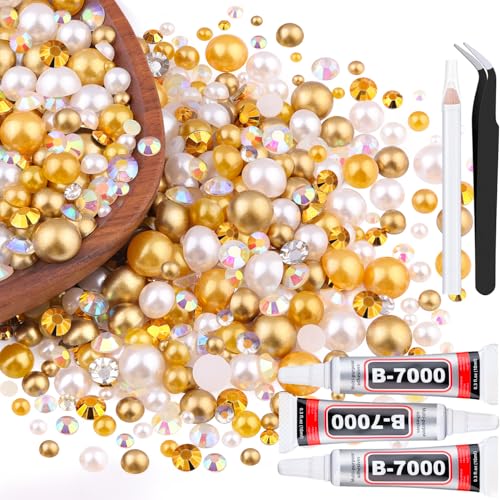 80g 3-10mm Flatback Pearls and Rhinestones for Bedazzling Kit(White Brown)