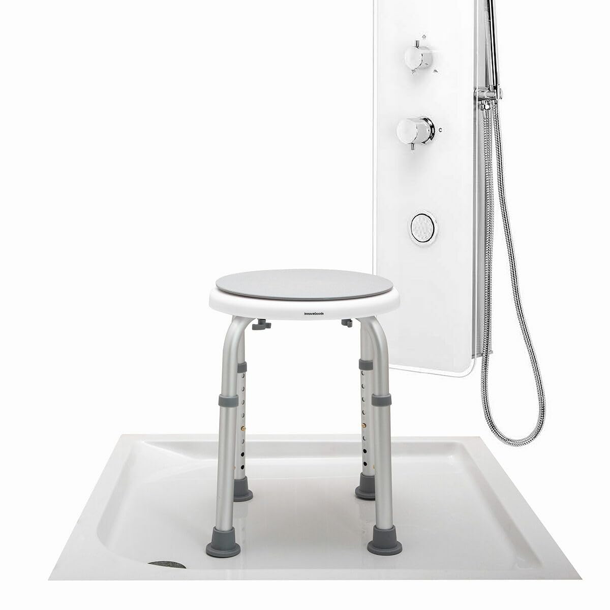 InnovaGoods® Taburete Baño Giratorio, Silla Ducha Personas Mayores con rotación de 360º, Taburete con 8 Niveles de Altura Ideal para Personas Mayores y Personas con Movilidad Reducida.