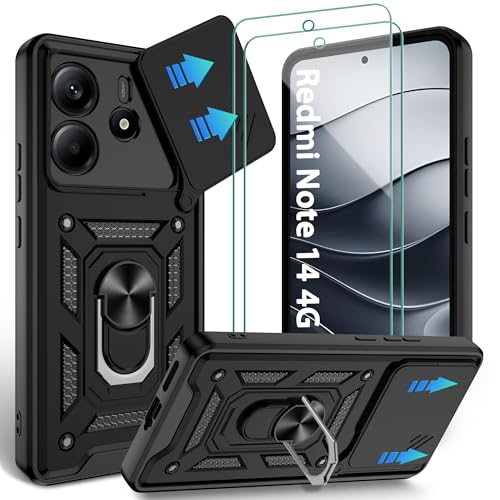 Jshru Handyhülle für Xiaomi Redmi Note 14 4G Hülle European (Nicht für 5G) Militär Stoßfestes Schutzhülle Kameraschutz mit 2stk Schutzfolien 360 Metall Ständer Case für Redmi Note 14 Schwarz