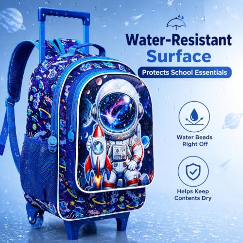 gxtvo 3PCS Boys Astronaut Rolling Backpack with Wheels, Kids Wheeled Bookbag with Lunch Box, Water-Resistant Roller School Bag for Elementary Preschool Toddler - Rocket Astronauts Blue by gxtvo - Used condition - Image 4