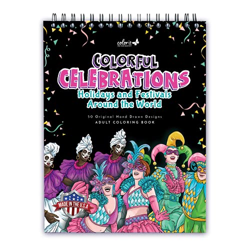 ColorIt Colorful Celebrations Holidays and Festivals Around The World Adult Coloring Book, 50 Original Designs, Thick Paper, Spiral Binding, USA Printed, Lay Flat Hardback Book Covers, Blotter Paper