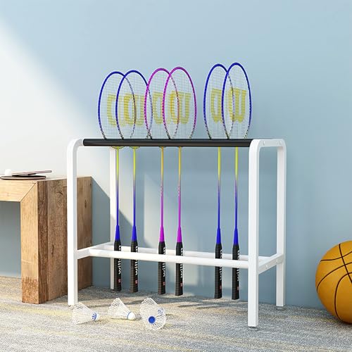 TRAGLO Support de rangement pour raquettes de badminton sur pied, support en métal pour raquettes de tennis, organiseur avec protection en éponge pour garages, gymnases et écoles(Blanc)