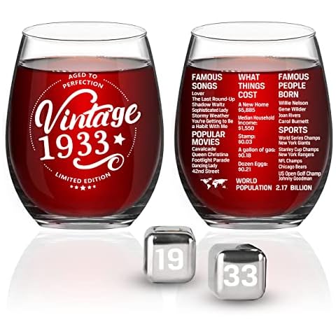 Greatingreat 1933 Old Time Information 90th Birthday Gifts for Women Men - 1933 Vintage 15 oz Stemless Wine Glass - 90 Year Old Birthday Party Decorations - Ninety Class Reunion Ideas Cover
