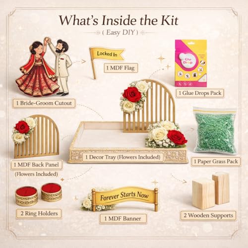 Image of Divyakosh Wedding Platter for Marriage | DIY Ring Ceremony Tray Set with Bride Groom Cutout, MDF Decor, Ring Holders, Floral Tray, Banner & Accessories Kit