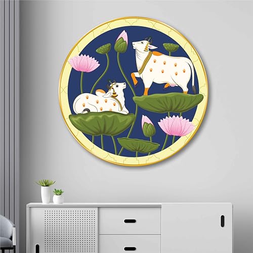 Image of SAF Round Kamdhenu Cow with Lotus Wall Painting - Golden Frame | Traditional Indian Art | Spiritual Wall Decor for Living Room Temple Pooja Room Office