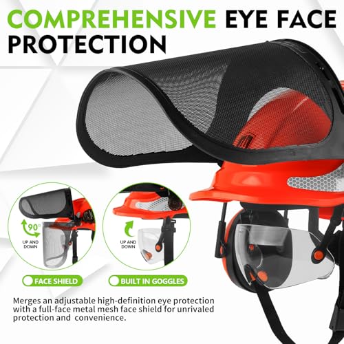 Image of GREEN DEVIL Chainsaw Safety Protective Helmet Forestry Helmet with Build-in Visor Mesh Face Shield Ear Muffs 4 in 1 Ideal for Arborist Tree Work DIY Outdoor Logging Hard hat