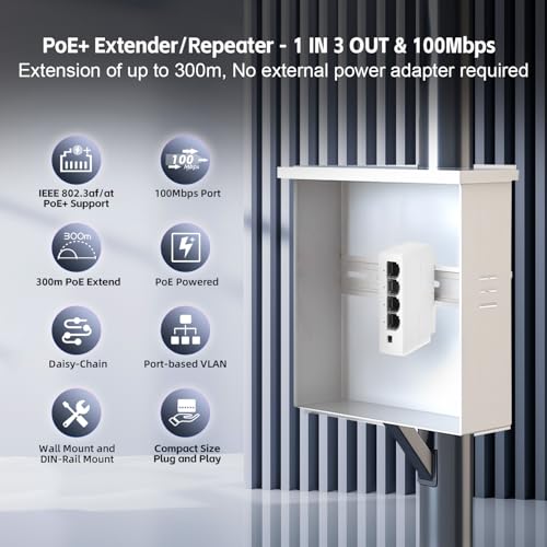 Image of 4 Port PoE Extender, 1 in 3 Out PoE+ Switch, 10 /100Mbps, IEEE 802.3 af /at 30W, Wall and Din Rail Mount YuLinca POE Passthrough Switch