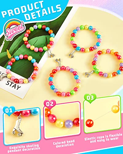 Rainbow Roller Skating Bracelet Girls Birthday Roller Skating Jewelry Skate Charm Bangle Pendant Beaded Bracelet Roller Skating Party Favors For Kids Gifts 50S 80S 90S Retro Decor Supplies (24 Pcs) #TOP2