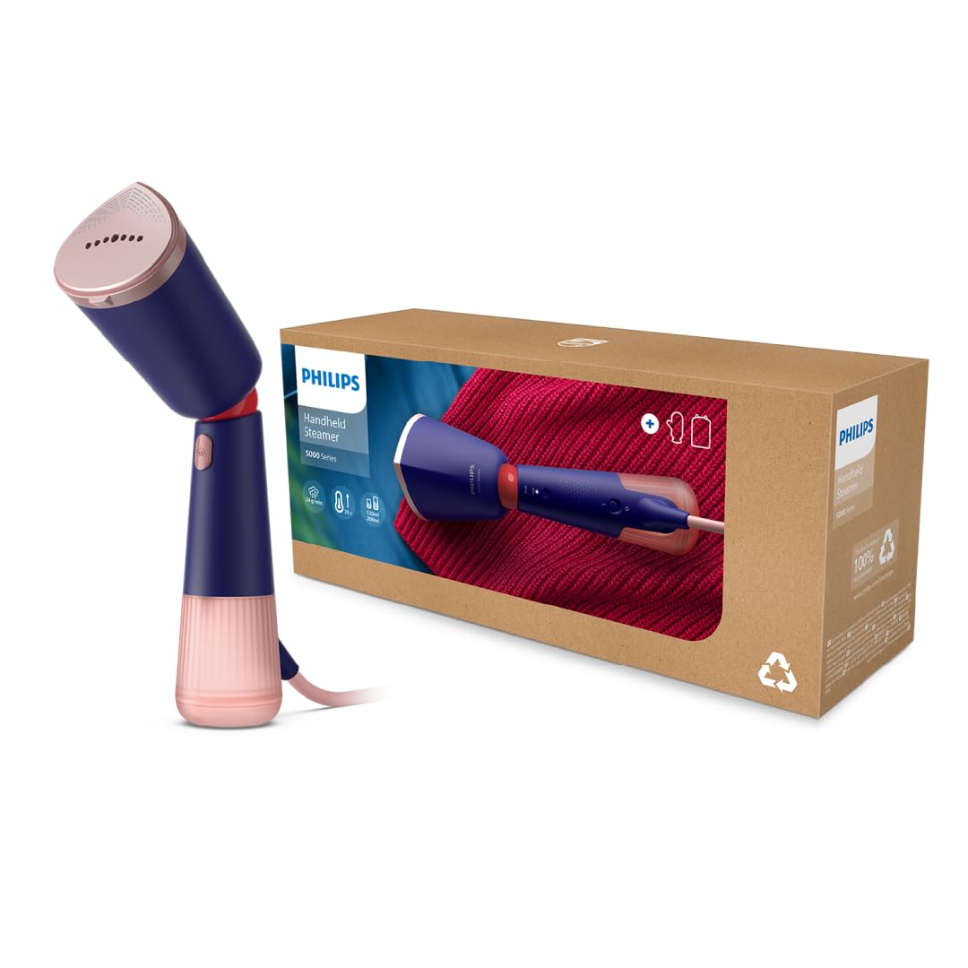 Philips Vaporizador de mano Serie 5000 - Potente 1400 W, Vapor continuo, Dos depósitos de agua, Calentamiento rápido en 35 s, Ajustes Eco y Max, Suela de metal, Azul marino (STH5030/20)