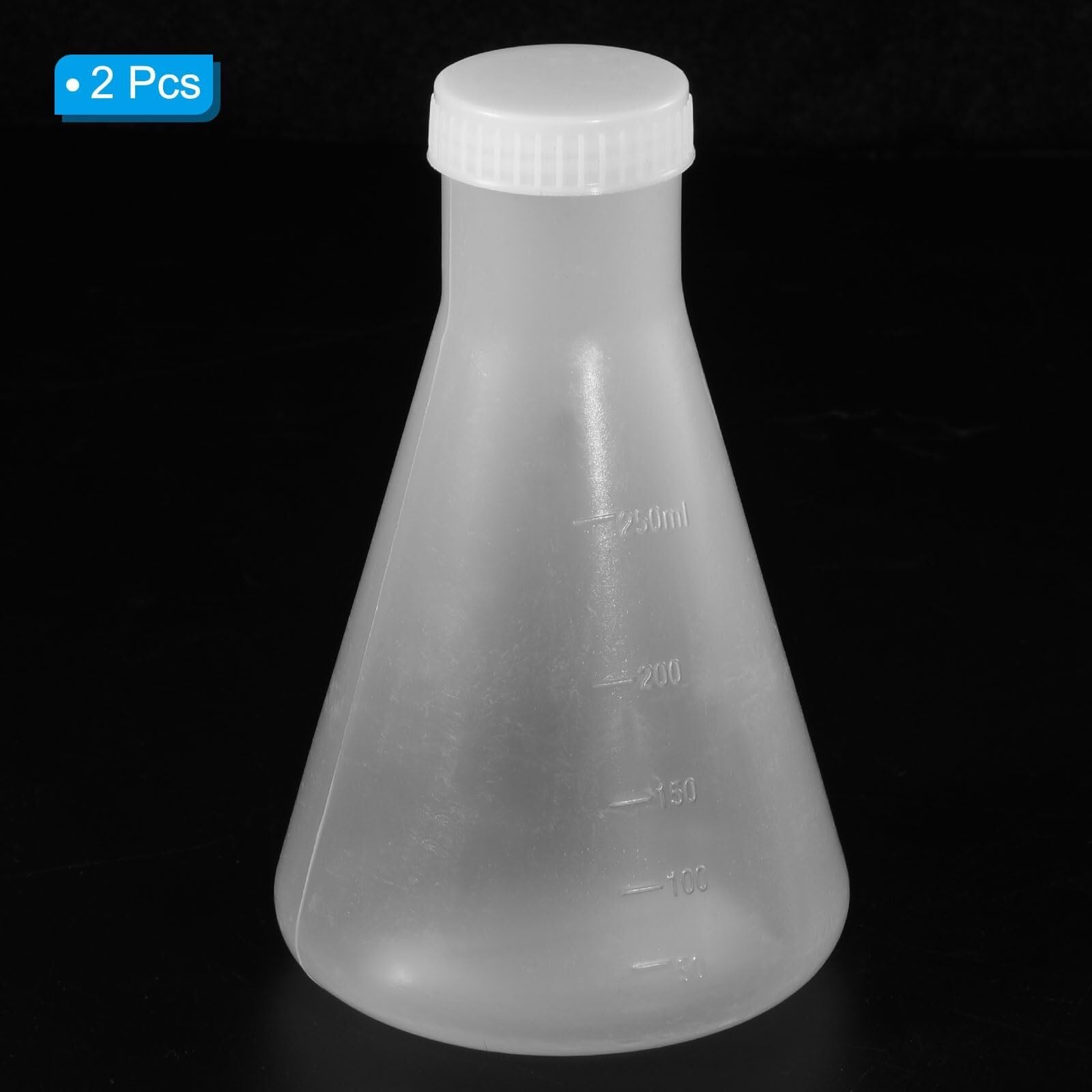 Matraz de Erlenmeyer de Plástico 250ml con Tapón de Roscas, Paquete de 2 Matraz Cónico de Boca Estrecha para Laboratorio, Transparente(250ML)