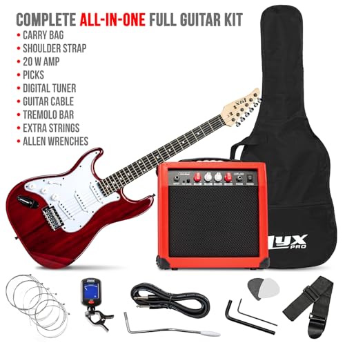 Image of LyxPro Left Hand 39 Inch Electric Guitar and Starter Kit for Lefty Full Size Beginner's Guitar, Amp, Six Strings, Two Picks, Shoulder Strap, Digital Clip On Tuner, Guitar Cable and Soft Case - Red